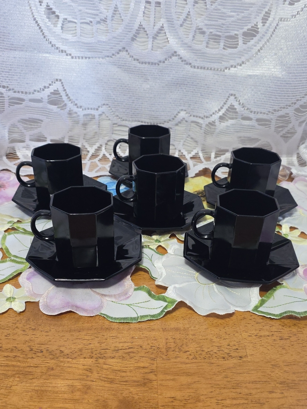 Vintage Arcoroc Octagon Black Cup & Saucer Set of 6 Made in France Octime